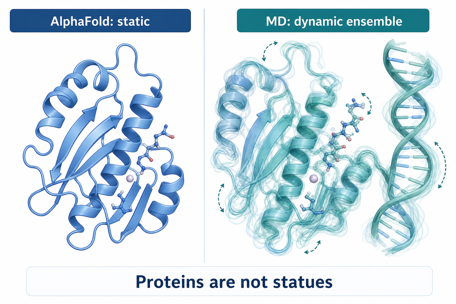 Static AlphaFold structure vs dynamic MD ensemble
